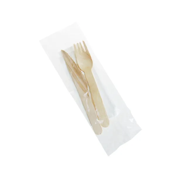 Set tacam Furculita+Cutit+Servetel, h160 mm, lemn natur, ambalat in