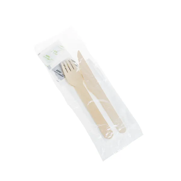 Set tacam Furculita+Cutit+Servetel Sare si Piper, h160 mm, lemn natur, ambalat