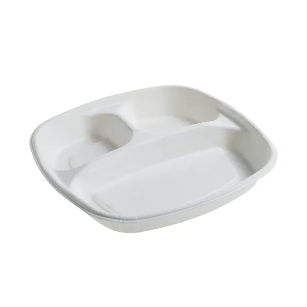 Farfurii patrate Bio 3 compartimente 245×245 mm P039, trestie de zahar, alb